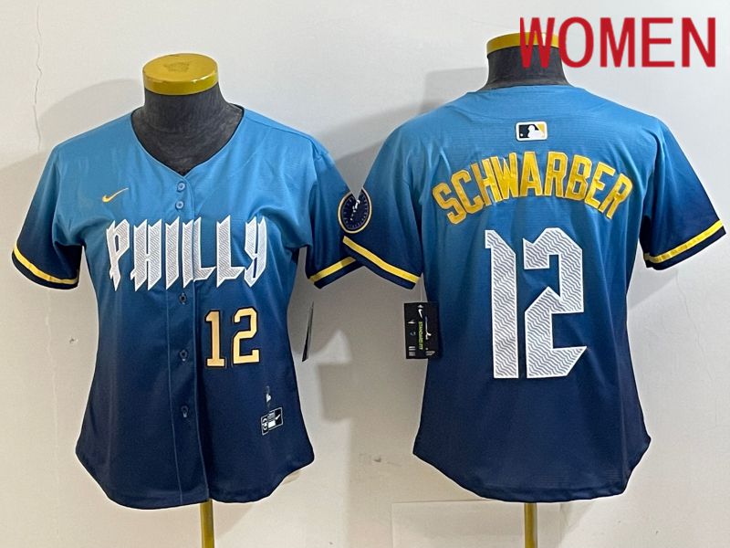 Women Philadelphia Phillies 12 Schwarber Blue City Edition Nike 2024 MLB Jersey style 3
